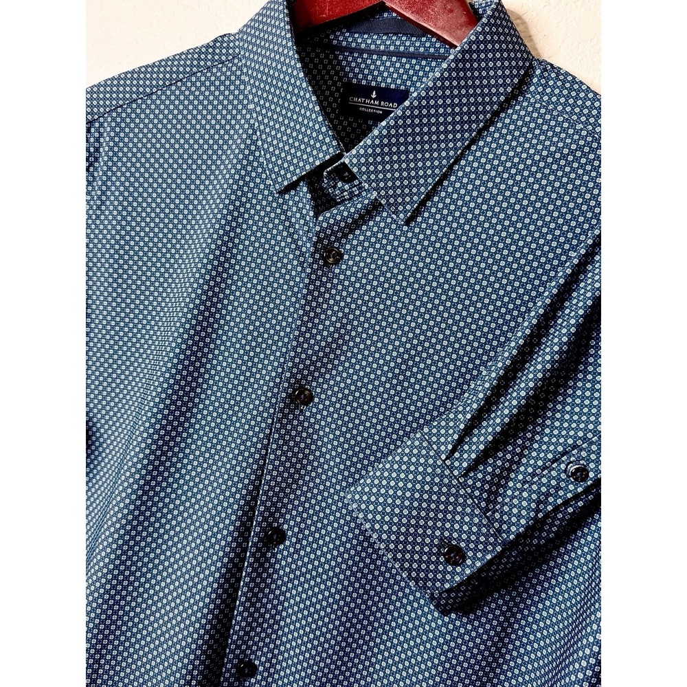 Chatham Road Mens Teal Blue Geometric Pattern Button Up Shirt Long Sleeve Small